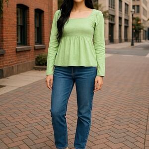 NWT Vtg lei Y2K Babydoll Top Smocked L/S Pullover Square Neck XL Green NOS READ